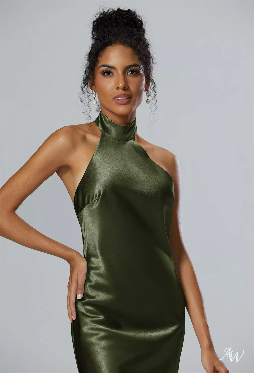 AW Mugwort Crystal Satin Green Olive Bridesmaid Dresses | AW.Bridal